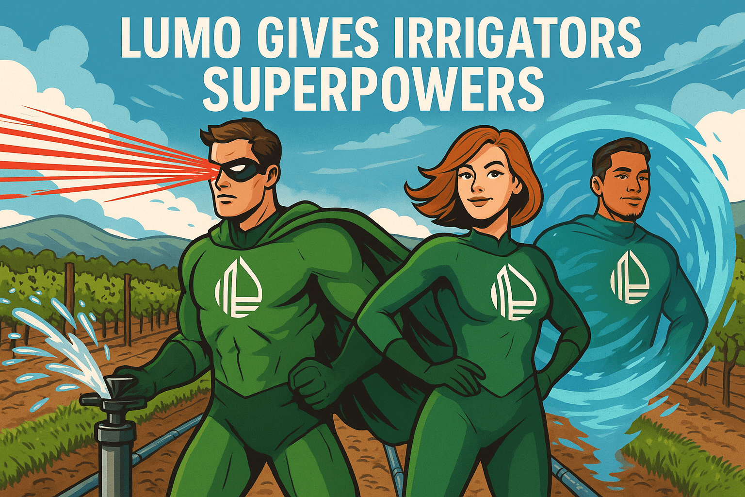 Team of irrigator superheros in the vineyard